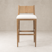 Ava Bar + Counter Stool in Dover Crescent with a textured wood back and soft cushion.