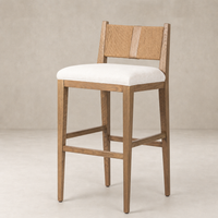 Ava Bar + Counter Stool in Dover Crescent with natural wood finish and upholstered seat.