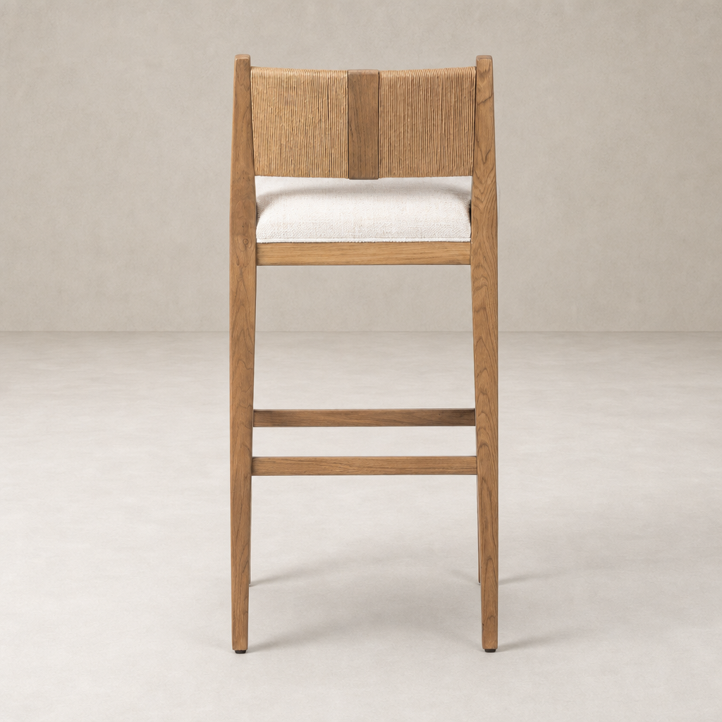 Ava Bar + Counter Stool in Dover Crescent features a modern wooden design and comfortable fabric seat.