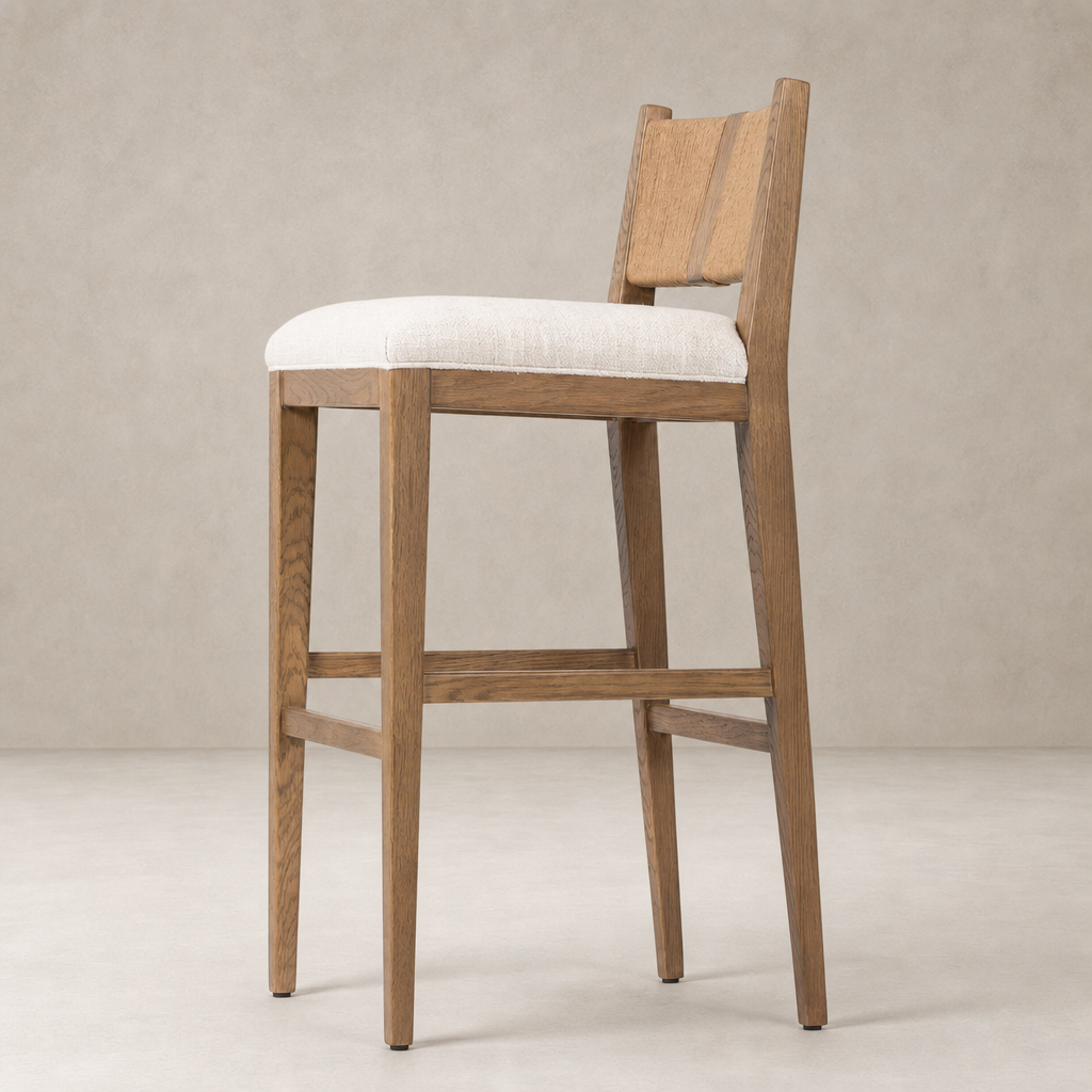 Ava Bar + Counter Stool in Dover Crescent features a natural wood frame and upholstered seat.
