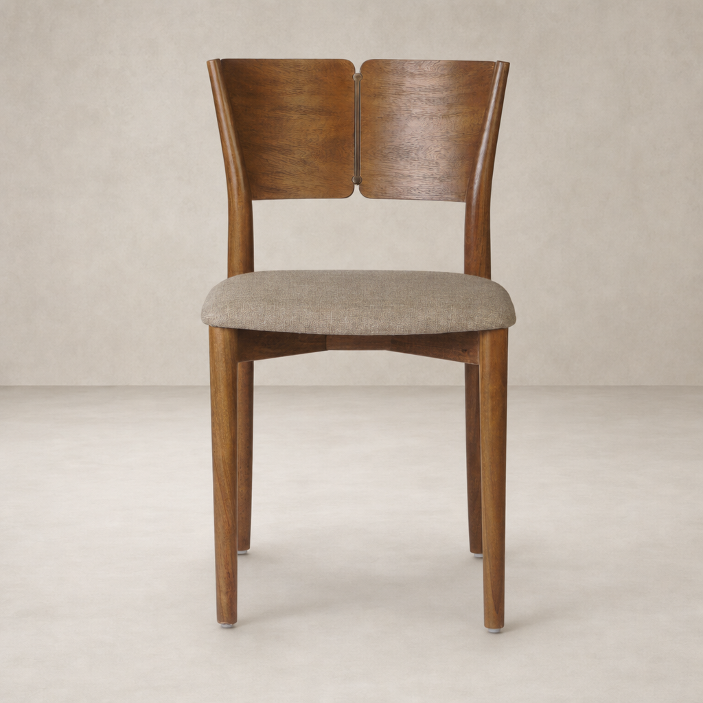 Hayes Dining Chair in Alcala Taupe with curved wooden back and soft upholstered seat.
