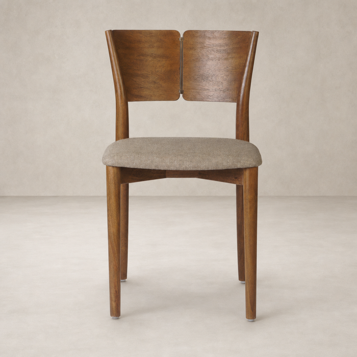 Hayes Dining Chair in Alcala Taupe with curved wooden back and soft upholstered seat.