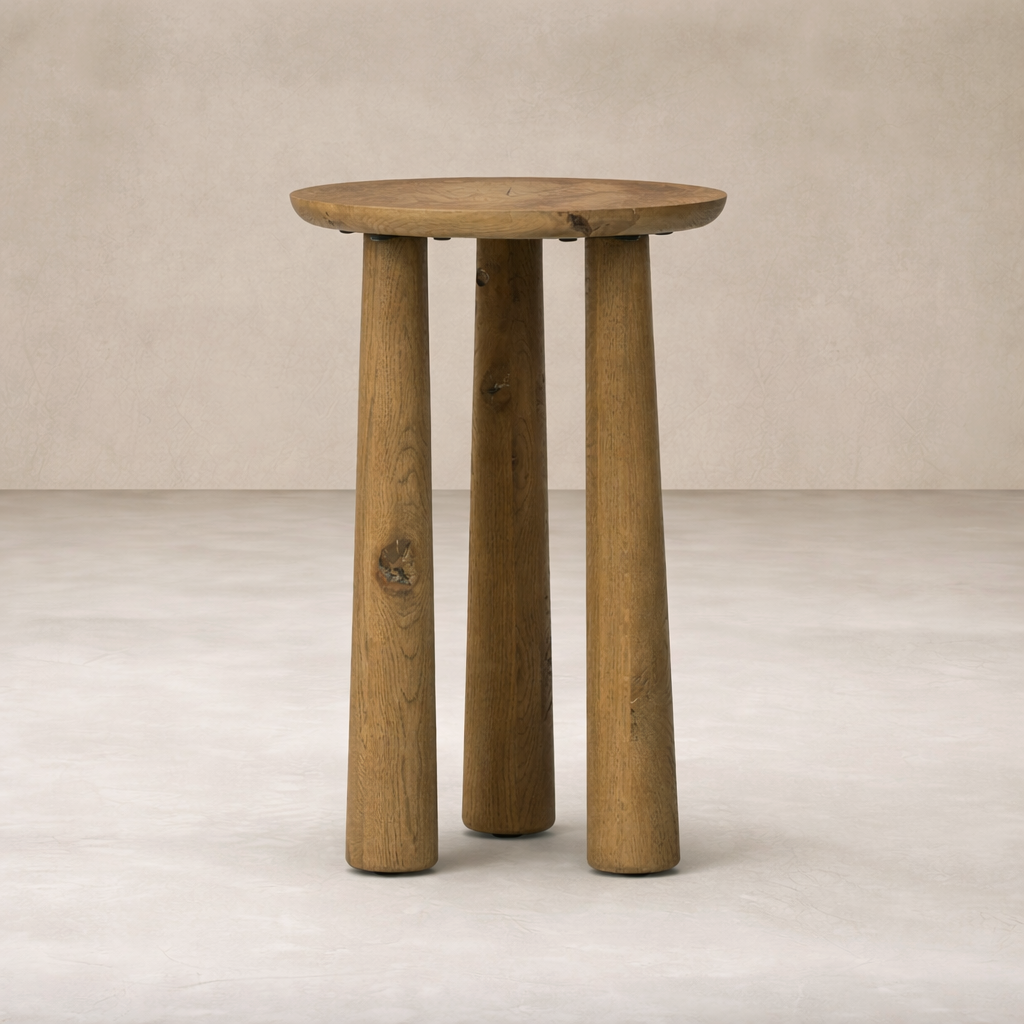 Rustic Drift Nesting End Table features a round top and three sturdy, textured wooden legs.