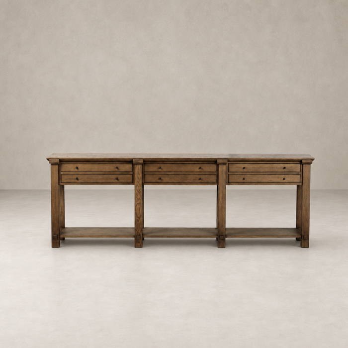 Willowdale Console Table in tan oak with four spacious drawers and sturdy design.