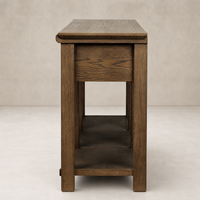 Willowdale Console Table in tan oak showcasing a sleek design and open shelving.