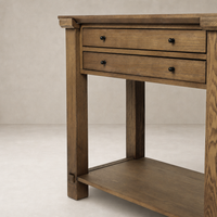 Tan Oak Willowdale Console Table with two drawers and sturdy wooden legs.