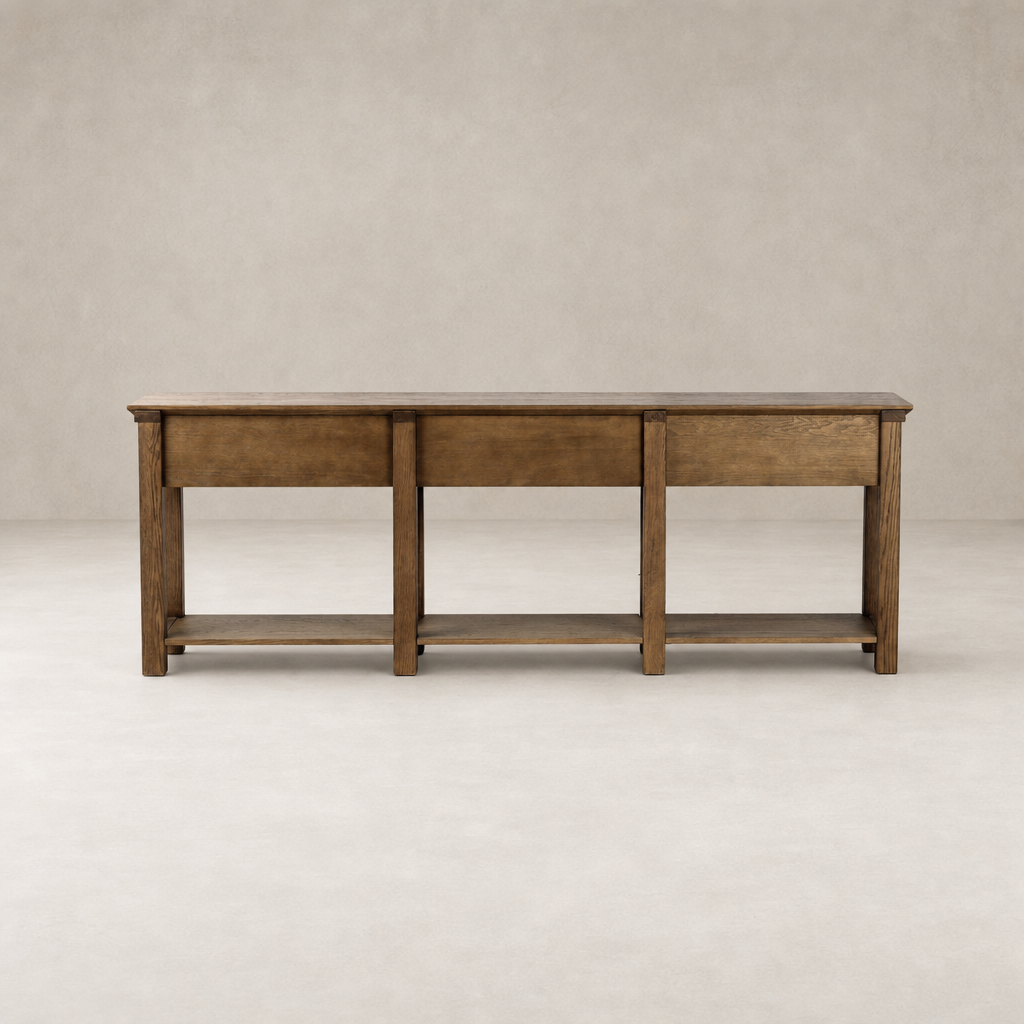 Willowdale Console Table in tan oak, featuring clean lines and two spacious drawers.