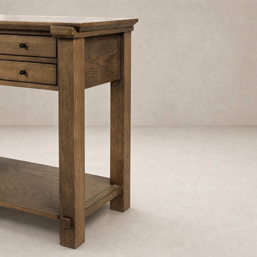 Willowdale Console Table in Tan Oak featuring clean lines, two drawers, and a sturdy base.