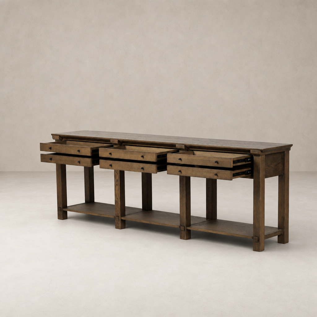Tan oak Willowdale console table featuring four drawers and a lower shelf.