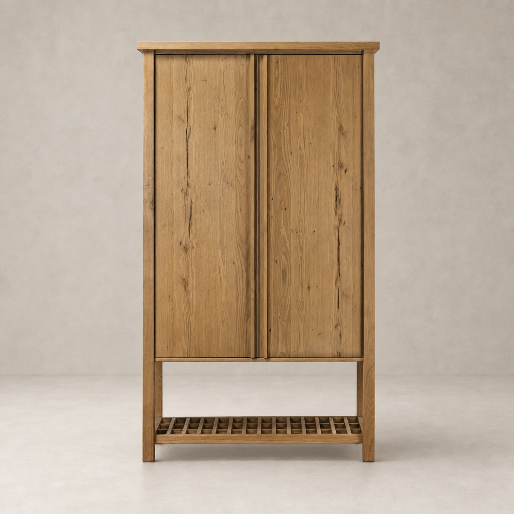 Tokyo Cabinet in aged natural oak featuring two doors and a slatted base.