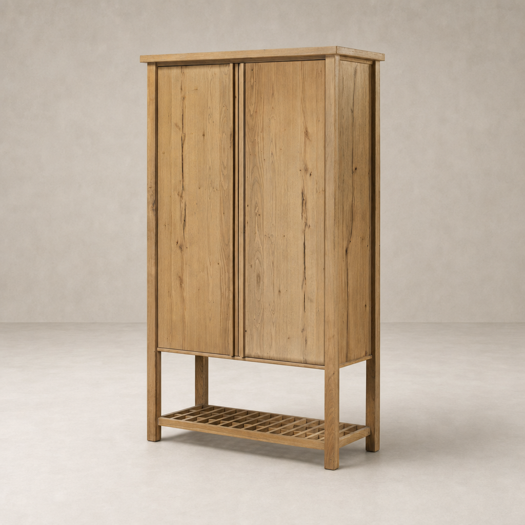 Tokyo Cabinet in aged natural oak featuring double doors and a slatted base.