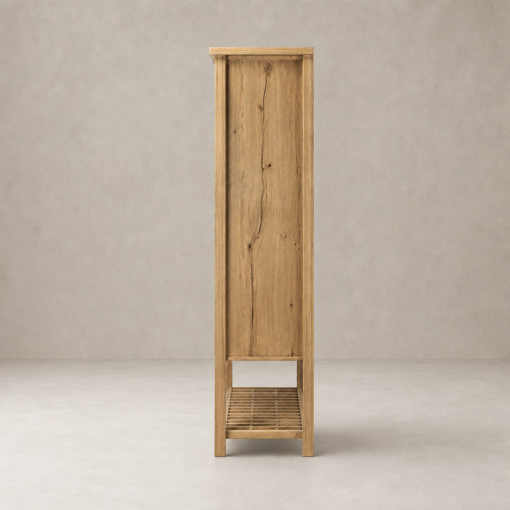 Tokyo Cabinet in aged natural oak showcasing a minimalist design and open shelf.