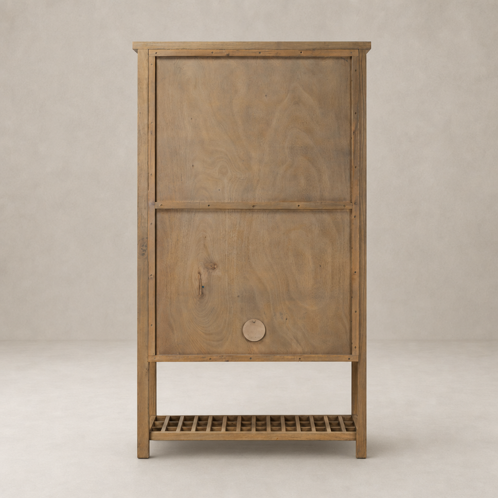 Tokyo Cabinet in aged natural oak featuring a simple design and slatted base.
