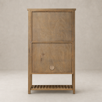 Tokyo Cabinet in aged natural oak featuring a simple design and slatted base.