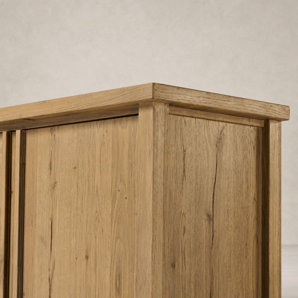Aged Natural Oak Tokyo Cabinet showcasing its smooth, textured wood finish and sturdy structure.