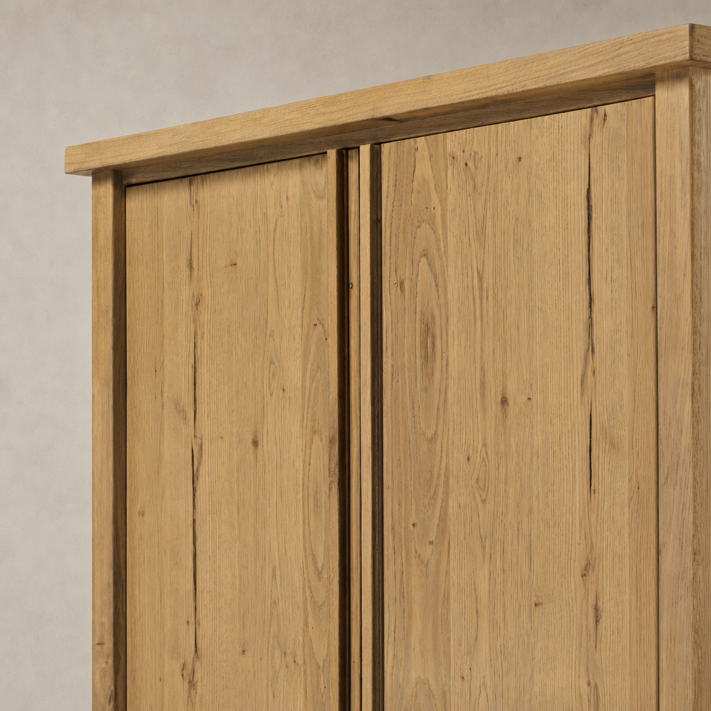 Tokyo Cabinet in aged natural oak showcasing its smooth, textured surface and modern design.