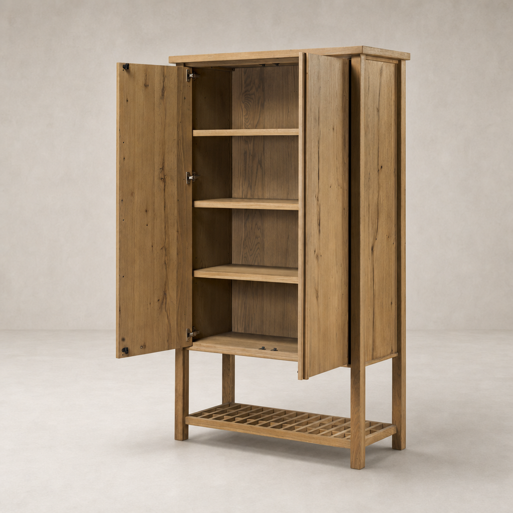 Tokyo Cabinet in aged natural oak featuring four shelves and a slatted base.