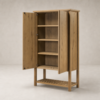 Tokyo Cabinet in aged natural oak featuring four shelves and a slatted base.