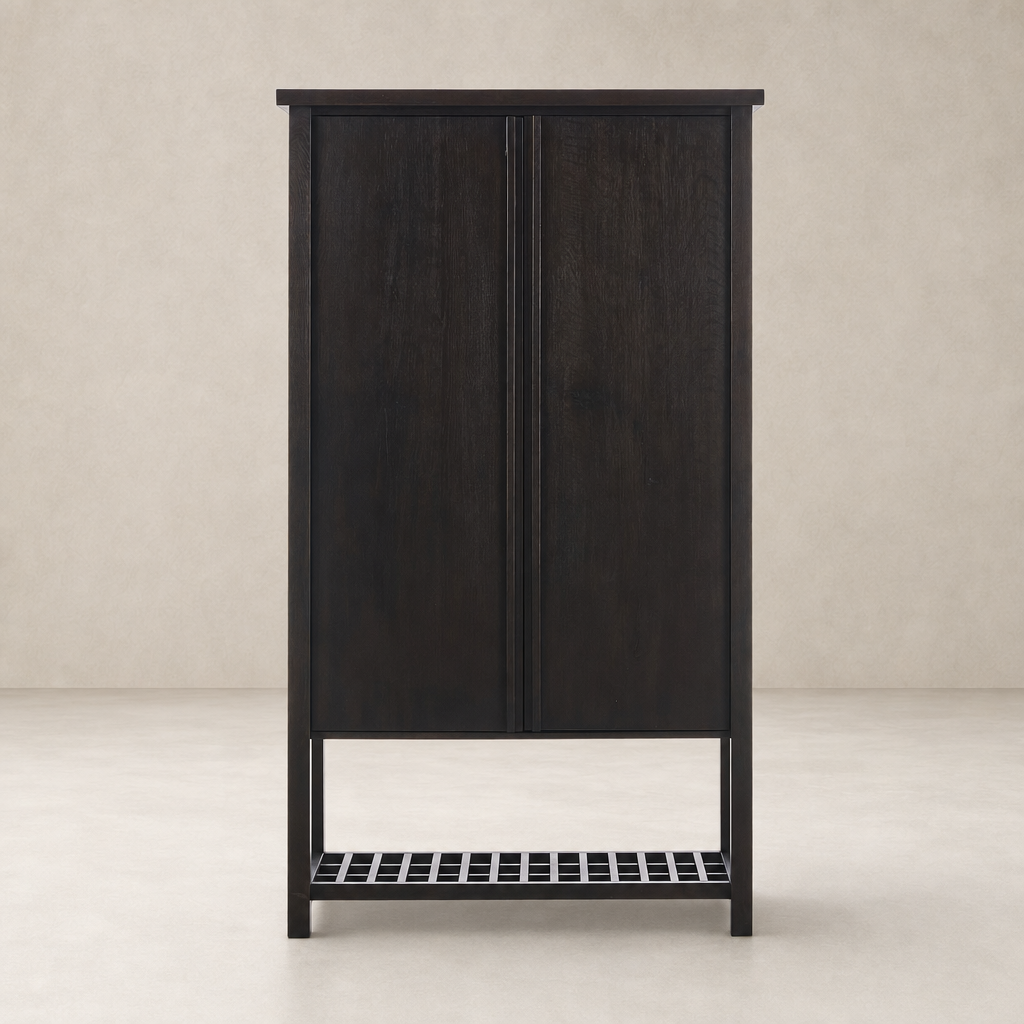 Tokyo Cabinet in Smoked Black featuring a minimalist design and slatted base.