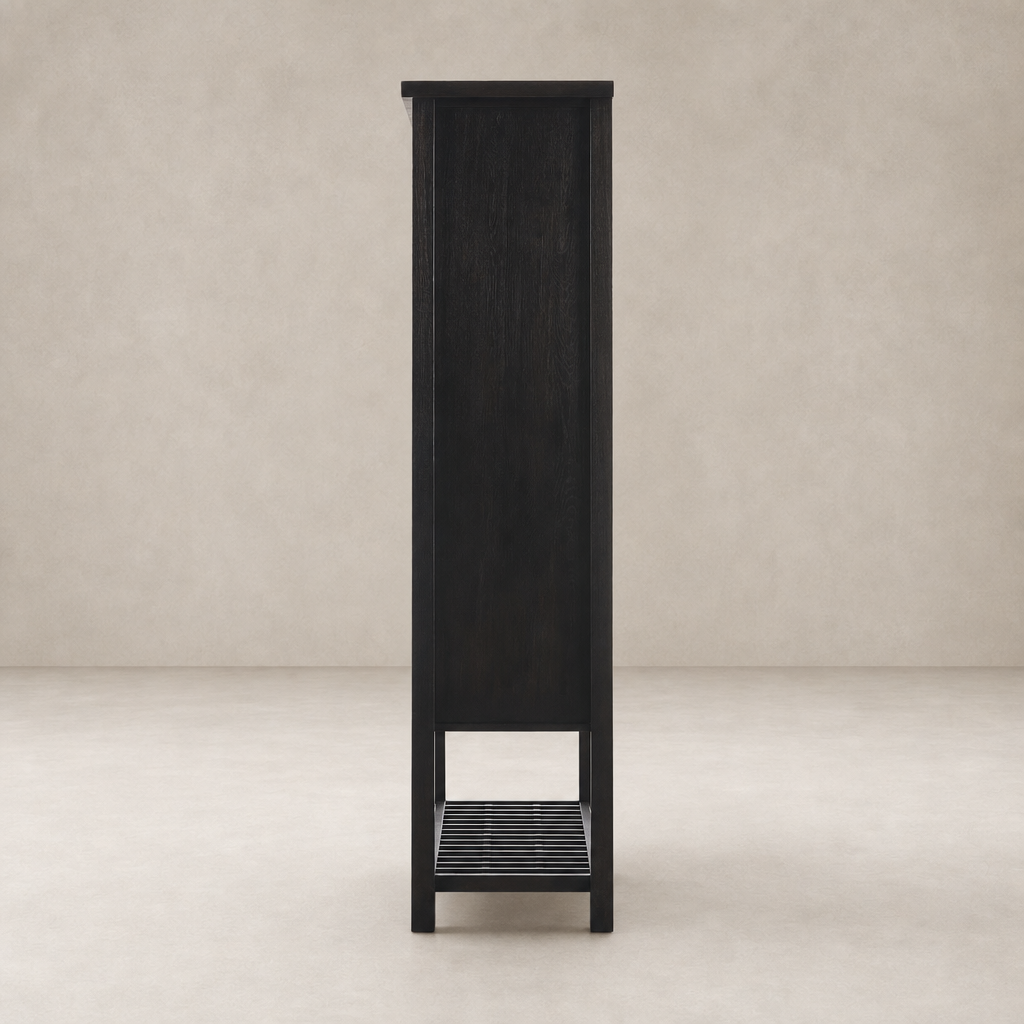 Tokyo Cabinet in smoked black features a sleek design with a slatted base.