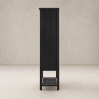 Tokyo Cabinet in smoked black features a sleek design with a slatted base.
