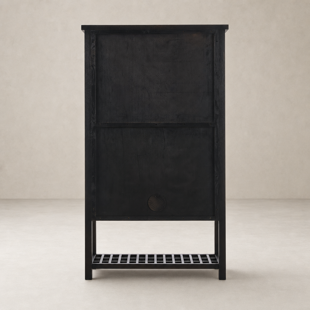 Smoked Black Tokyo Cabinet with a minimalist design and open shelf for storage.