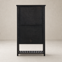 Smoked Black Tokyo Cabinet with a minimalist design and open shelf for storage.