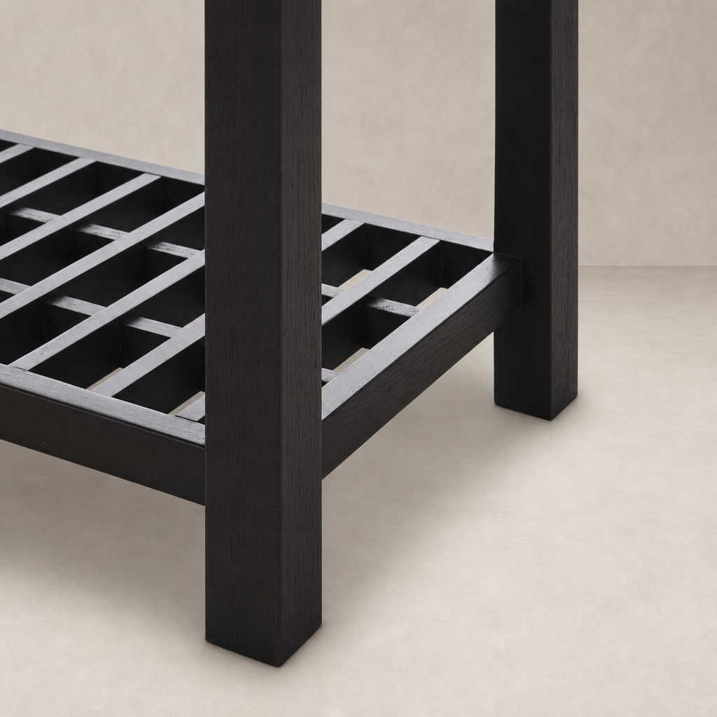 Smoked black Tokyo Cabinet showcasing a grid design and sturdy wooden legs.