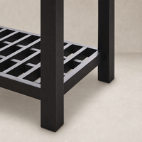 Smoked black Tokyo Cabinet showcasing a grid design and sturdy wooden legs.