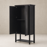 Smoked black Tokyo Cabinet with two doors and an open shelf design.