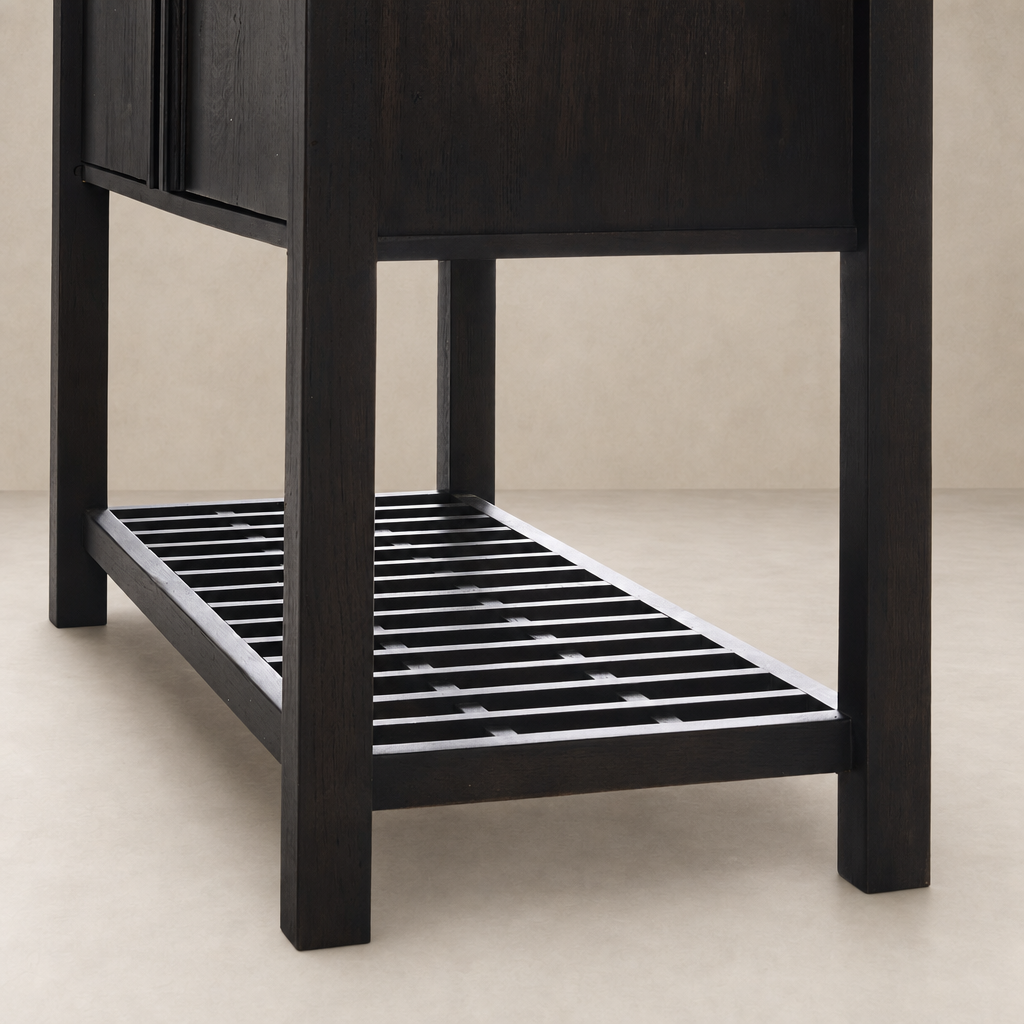 Tokyo Cabinet in Smoked Black featuring a slatted lower shelf design.