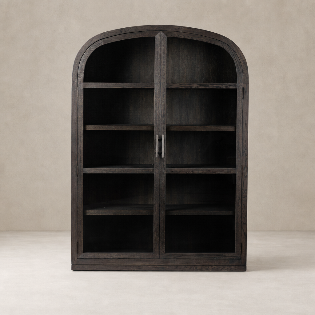 Wide cabinet in dark anthracite oak with sleek curved top and glass doors.