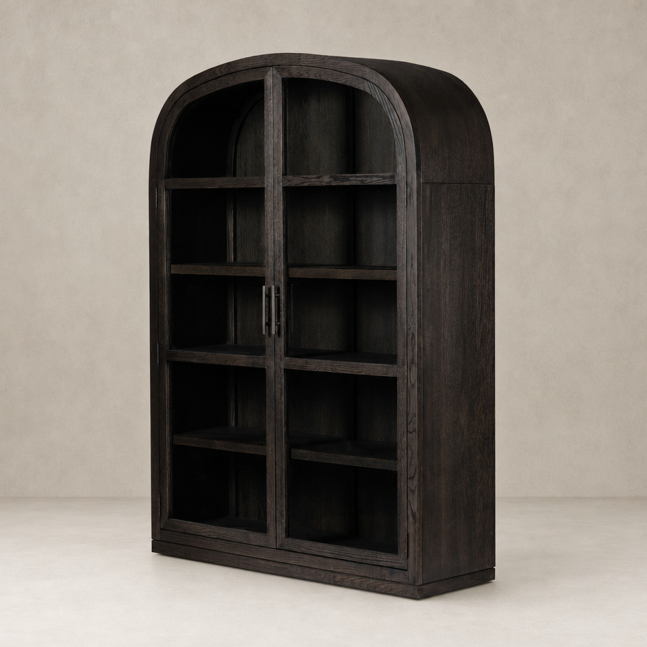 Wide cabinet in dark anthracite oak with arched top and multiple shelves.