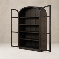 Wide cabinet in dark anthracite oak with arched top and open shelves.