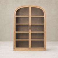 Wide cabinet in drifted smoked oak with arched top and double glass doors.