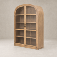 Wide cabinet in drifted smoked oak with arched top and glass doors.