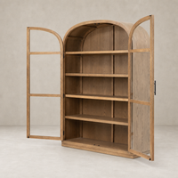 Wide cabinet in drifted smoked oak featuring arched top and open shelving.