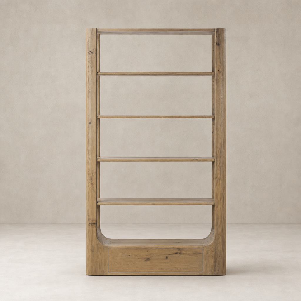 Orion Bookcase in aged natural oak featuring five open shelves and a curved base.