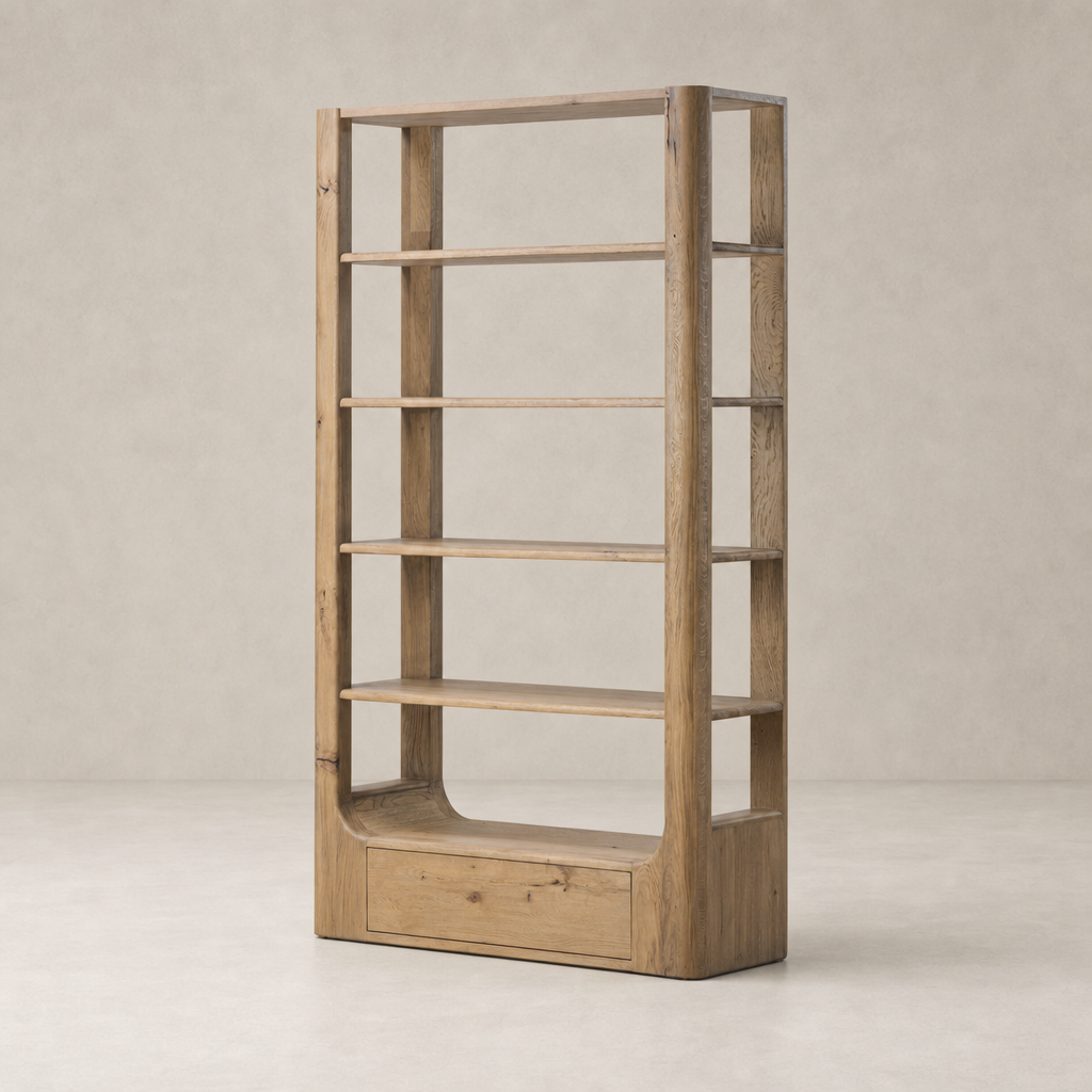 Orion Bookcase in Aged Natural Oak with open shelves and a sleek design.