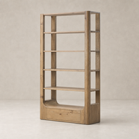 Orion Bookcase in Aged Natural Oak with open shelves and a sleek design.