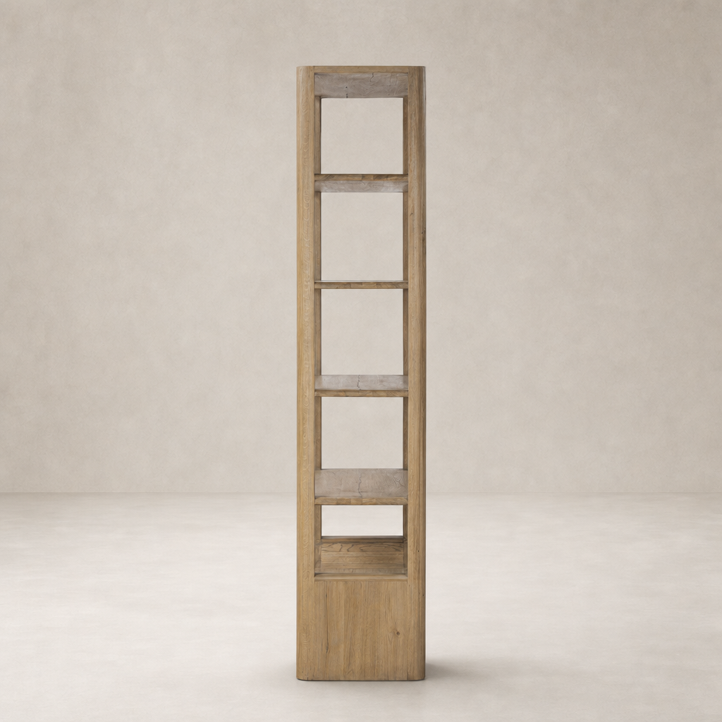 Orion Bookcase in aged natural oak featuring five open shelves for versatile storage.