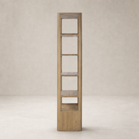 Orion Bookcase in aged natural oak featuring five open shelves for versatile storage.