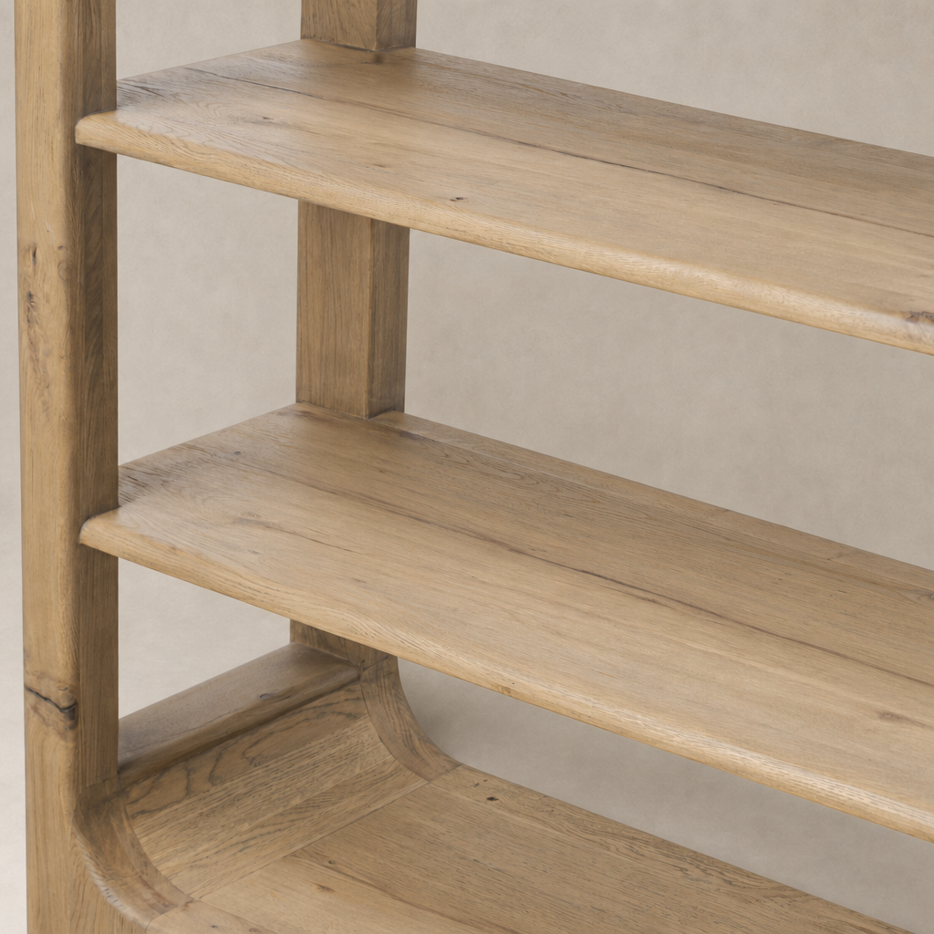 Orion Bookcase in aged natural oak with smooth shelves and rounded edges.