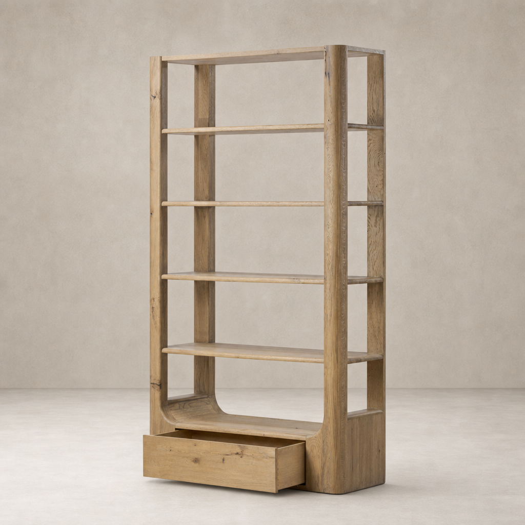 Orion Bookcase in aged natural oak with clean lines and spacious shelves.