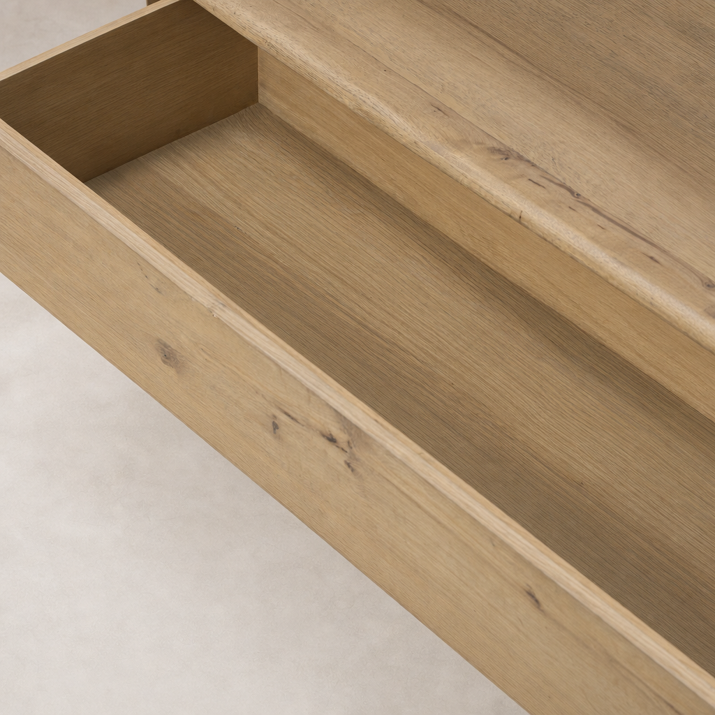 Inside view of the Orion Bookcase featuring Aged Natural Oak finish and spacious drawer.