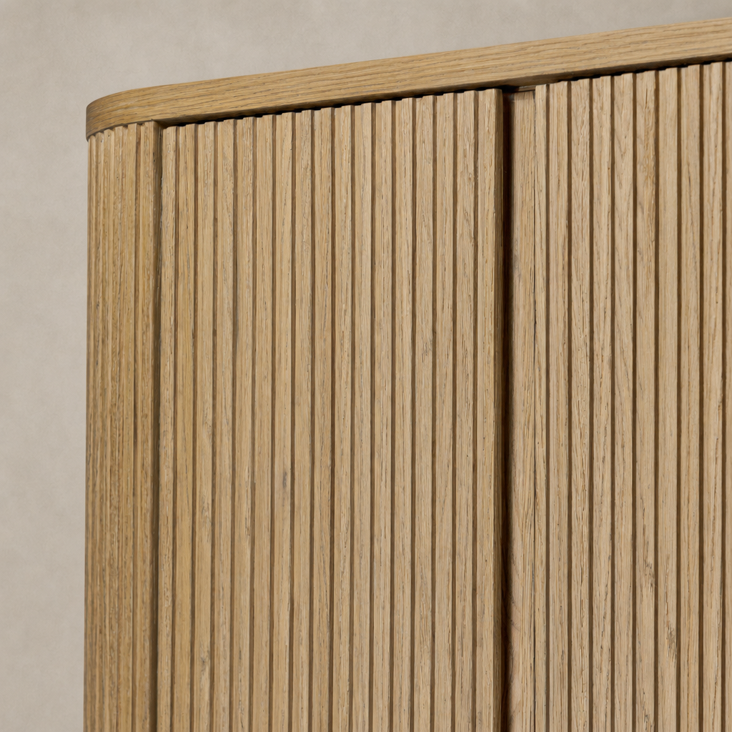 Close-up of Beatrix Cabinet in Desert Oak showcasing detailed ribbed texture.
