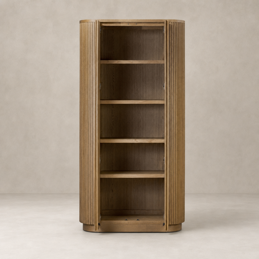 Beatrix Cabinet in Desert Oak featuring curved, ribbed design and spacious interior shelves.