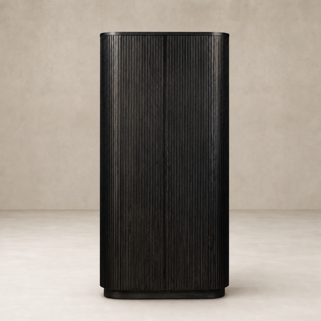 Beatrix Cabinet in cerused black oak with ribbed texture and rounded edges.