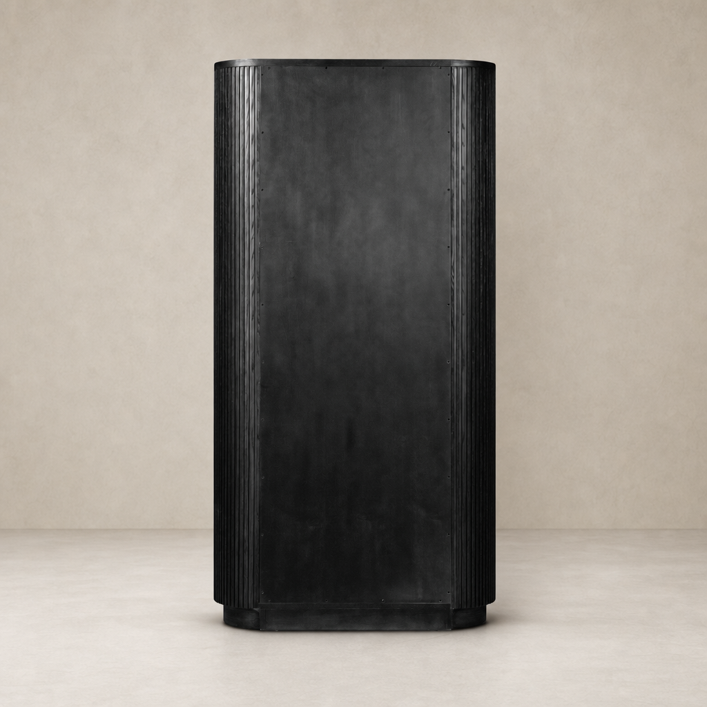 Beatrix Cabinet in cerused black oak with a sleek, curved design and ribbed texture.