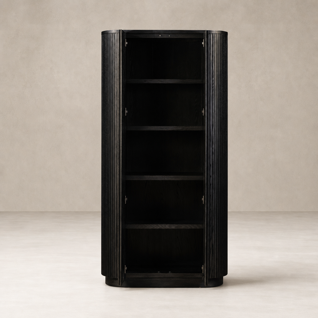 Beatrix Cabinet in Cerused Black Oak with a sleek curved design and open shelving.
